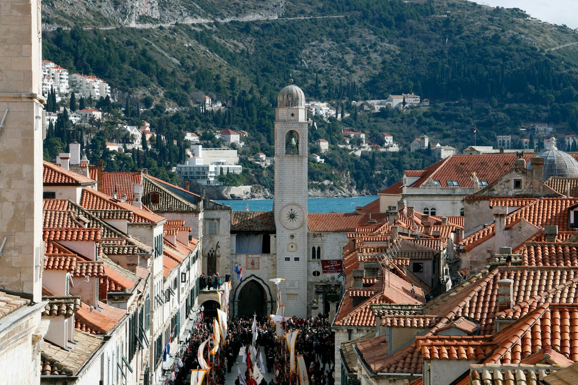 Scenic aerial view of Dubrovnik's iconic bell tower with surrounding architecture.