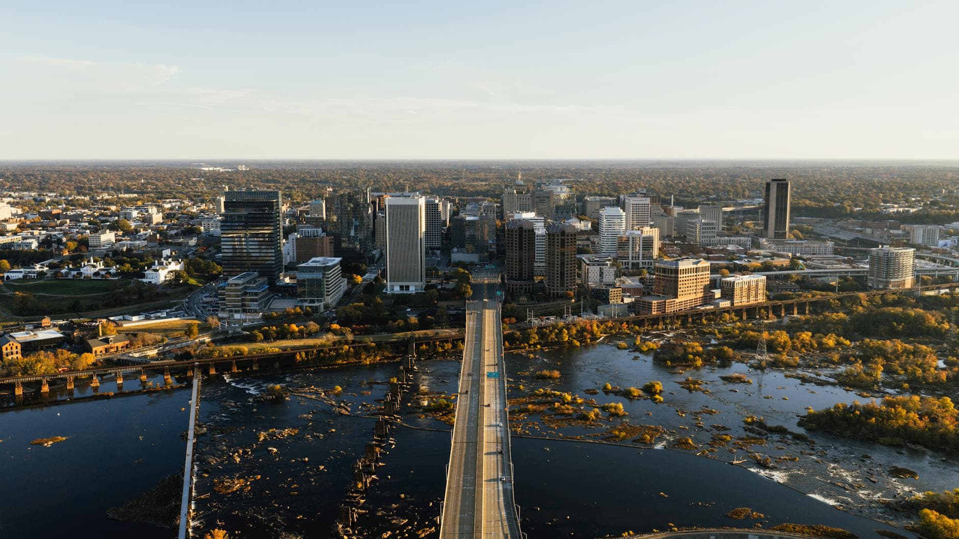 Explore an aerial perspective of the iconic Richmond, Virginia skyline during the day.