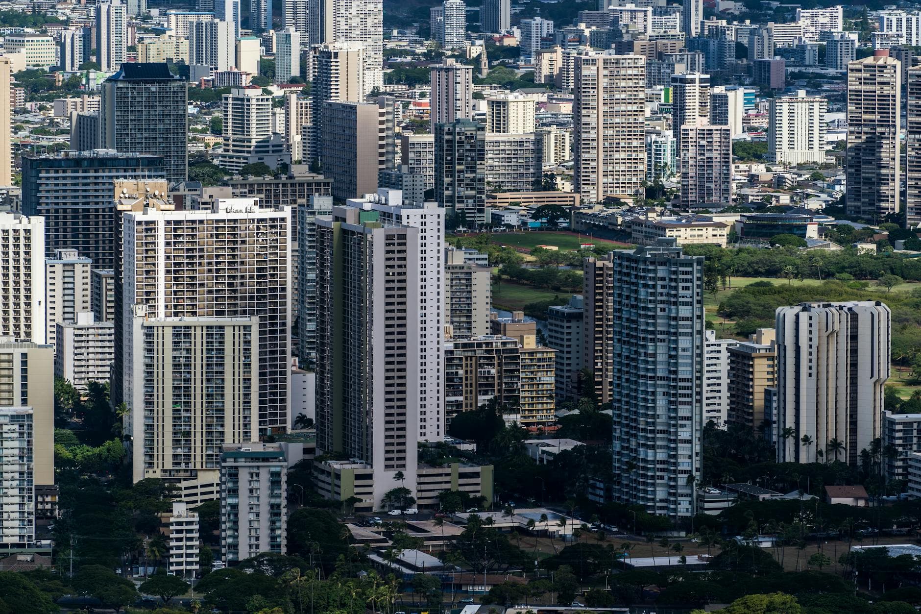 A captivating aerial view showcasing the vibrant skyline and architecture of Honolulu.