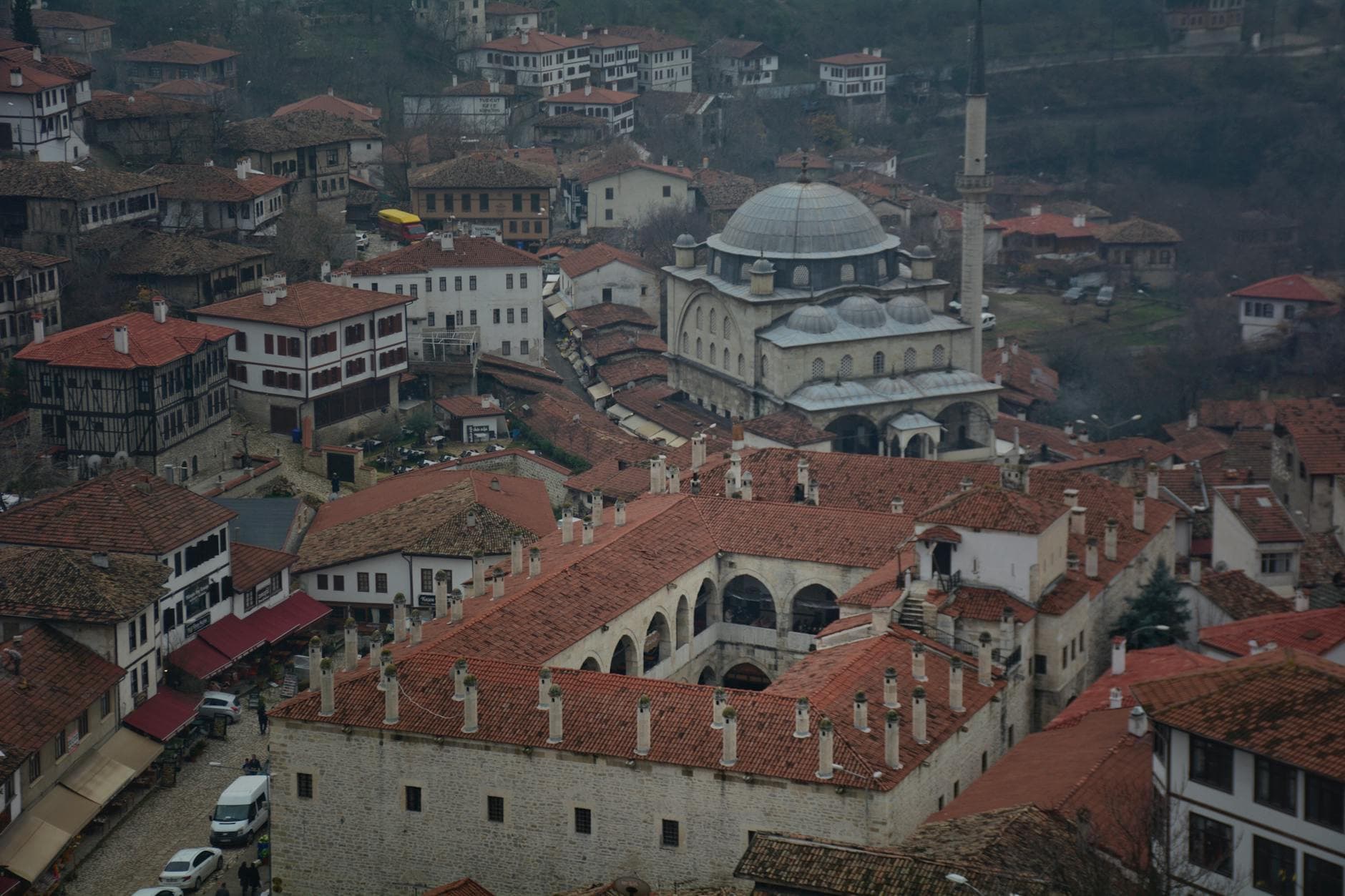 Stunning aerial view of a historic mosque and Ottoman architecture in Safranbolu, Turkey.