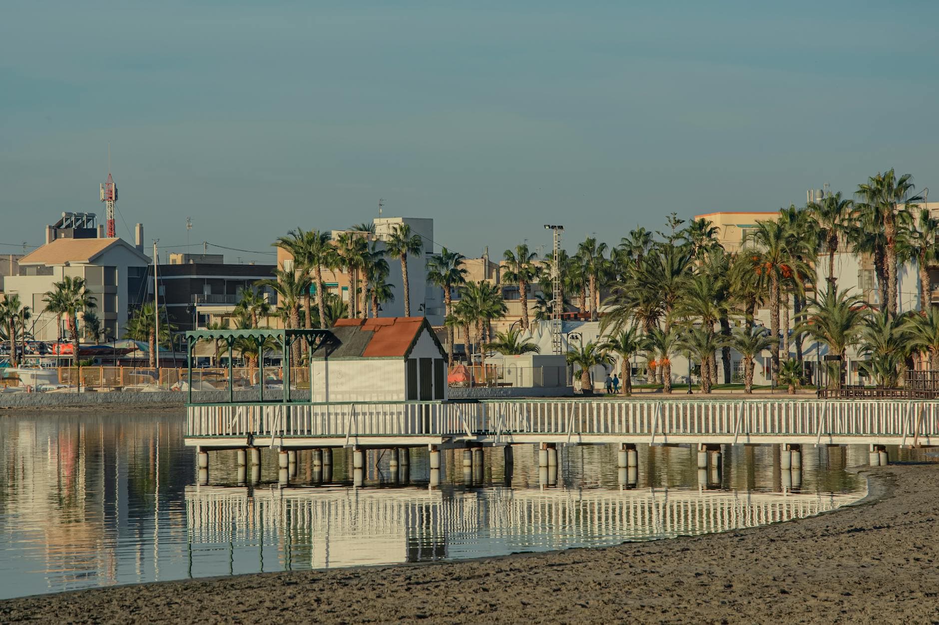 Beautiful waterfront view in San Pedro del Pinatar, España, featuring palm trees and tranquil waters.