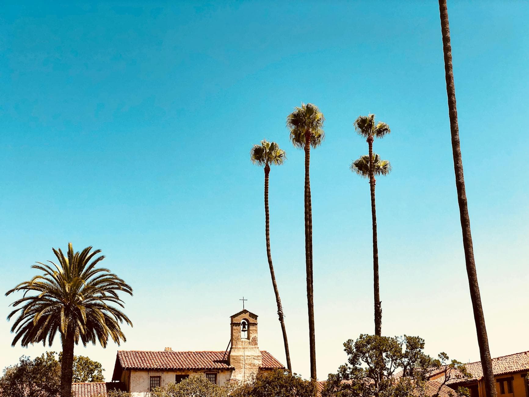 A beautiful Spanish-style church surrounded by tall palm trees under a clear blue sky.