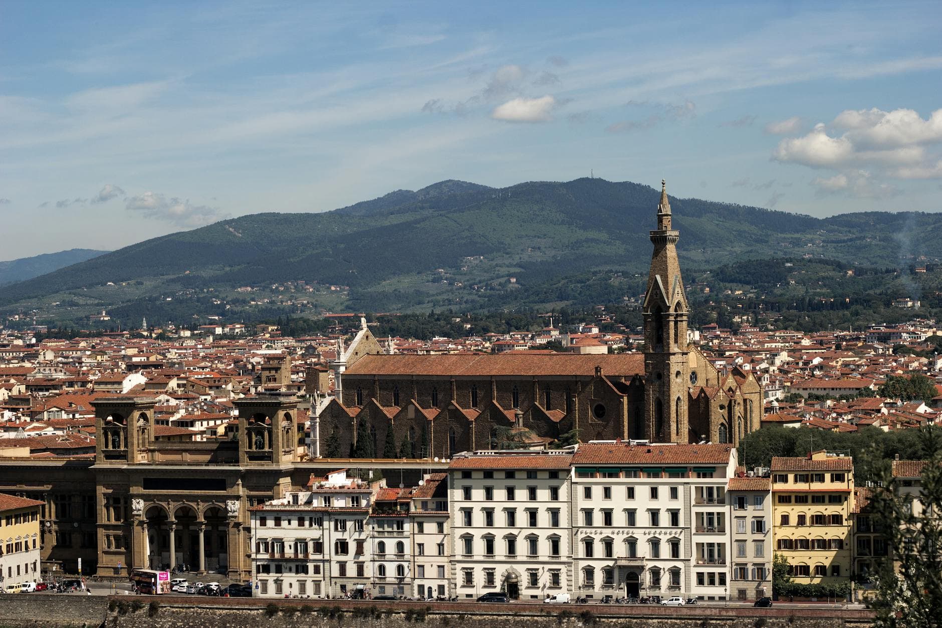 Breathtaking aerial view of the Basilica of Santa Croce and cityscape in Florence, Italy.