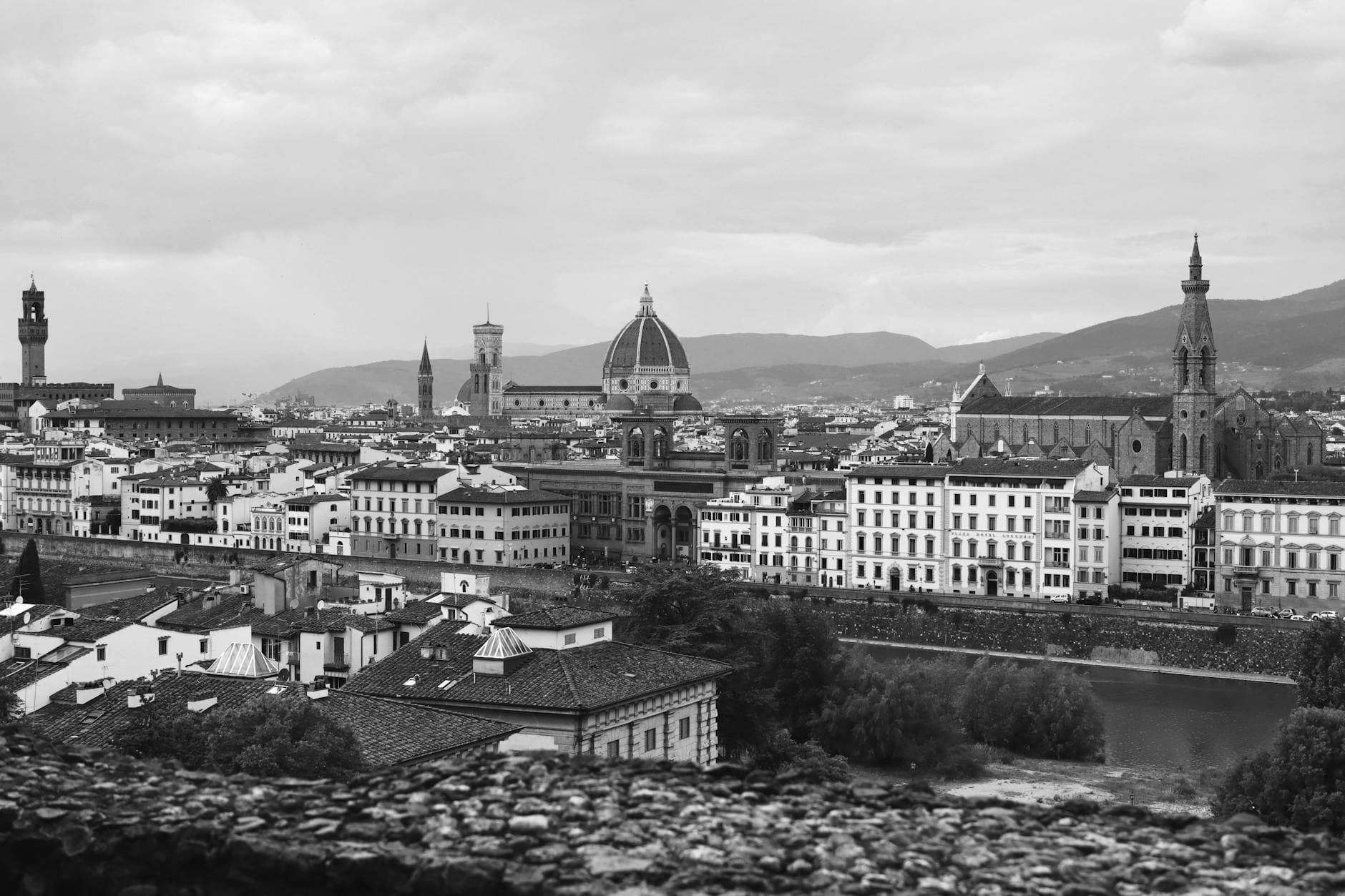 Black and white view of Florence featuring iconic landmarks and historic architecture.