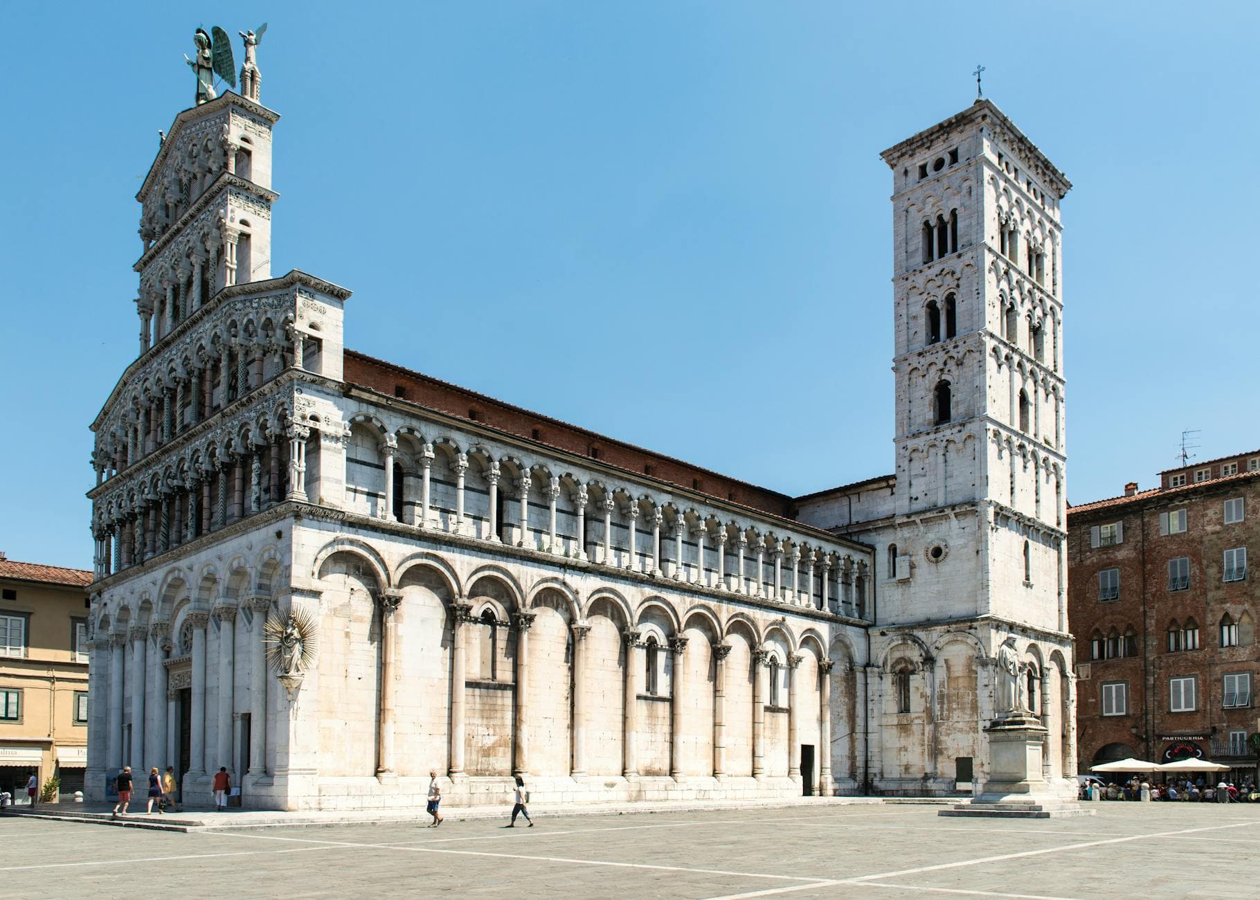 The stunning facade of San Michele in Foro, a historic church in Lucca, Italy.