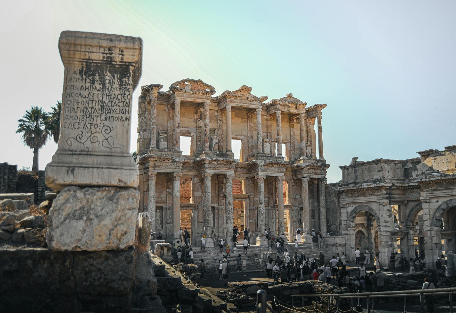 Stunning view of the ancient Library of Celsus in Ephesus, Turkey with tourists.
