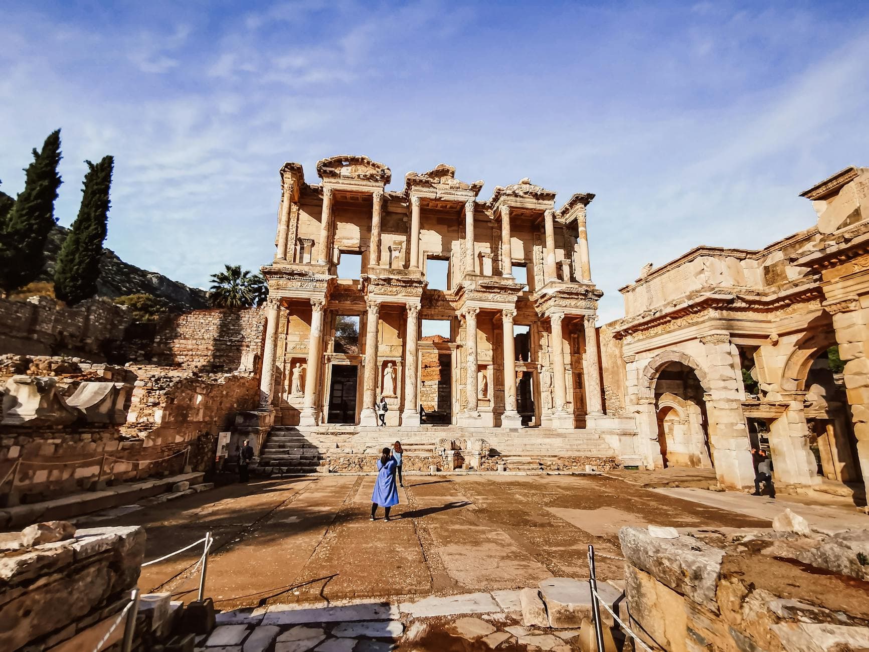 Stunning view of the ancient Celsus Library ruins in Ephesus, a historical landmark in Turkey.