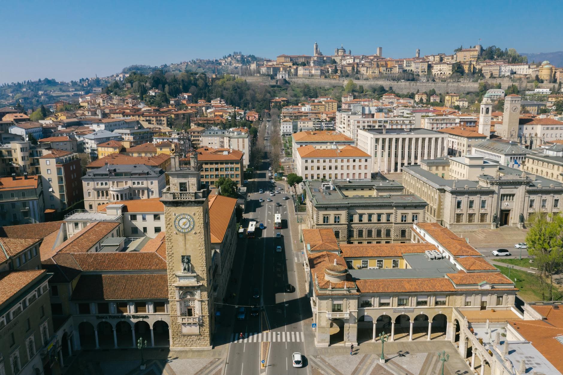 A stunning aerial view of Bergamo's historic old town with architectural landmarks.