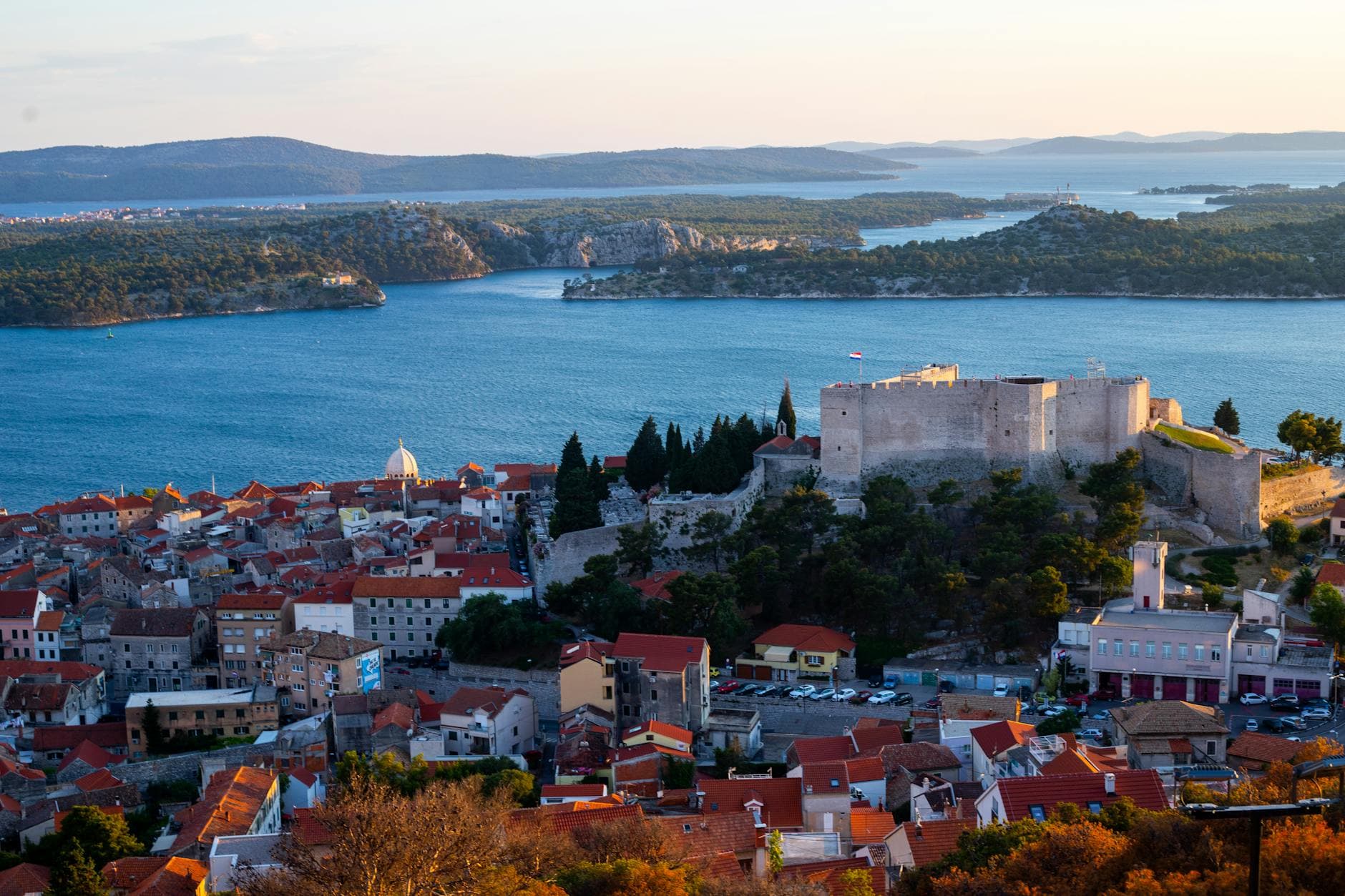 Aerial view of St Michael's Fortress overlooking the scenic coastline of Šibenik, Croatia.
