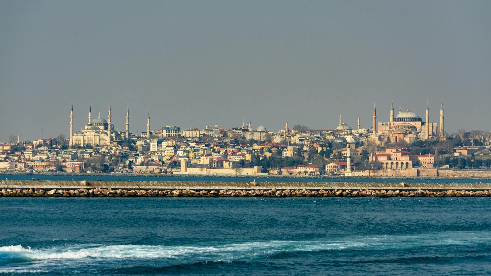 Panoramic view of Istanbul featuring iconic mosques and waterfront.