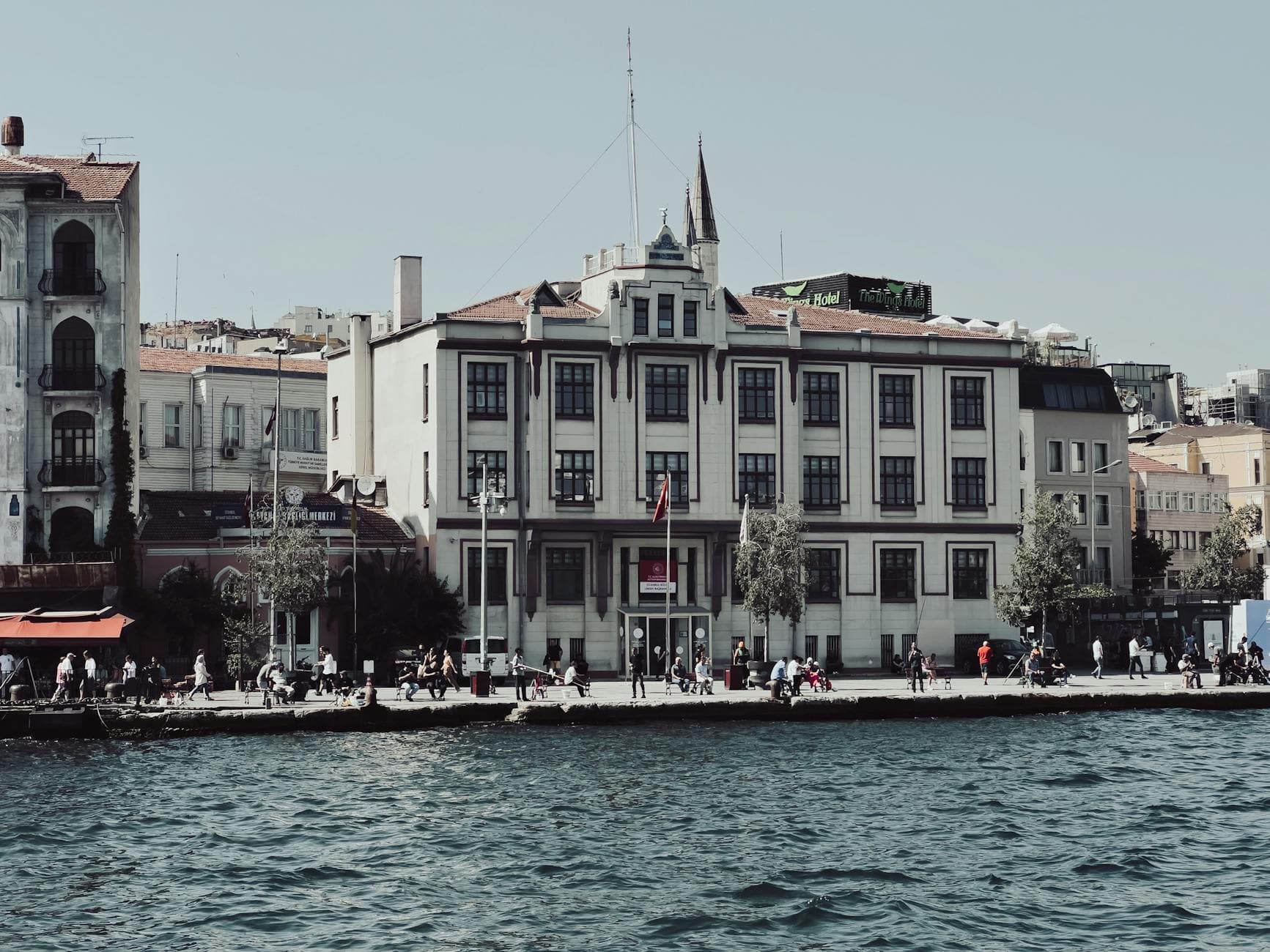 Scenic view of a historic building by the waterfront in Istanbul, Turkey.