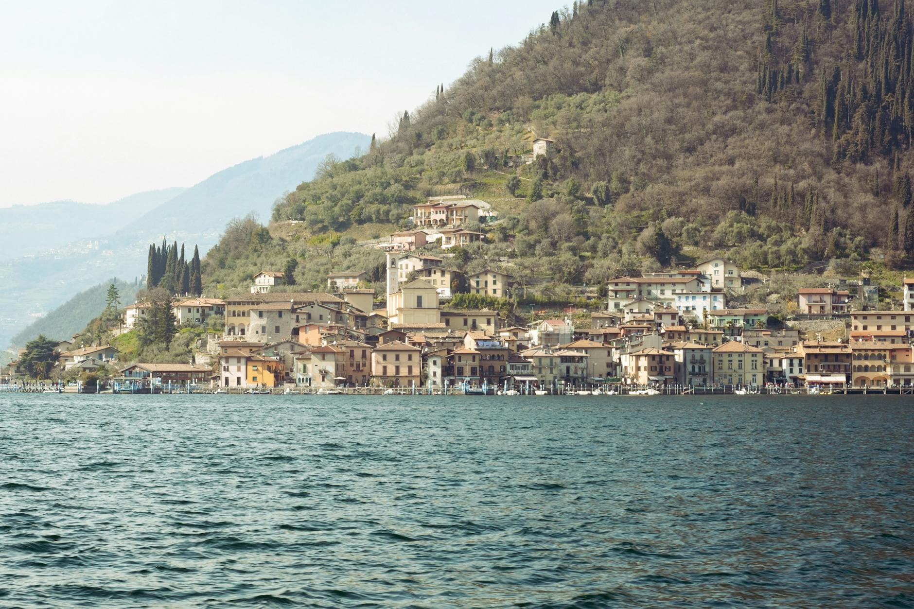 Scenic view of Sulzano, a picturesque lakeside town in Lombardia, Italy.