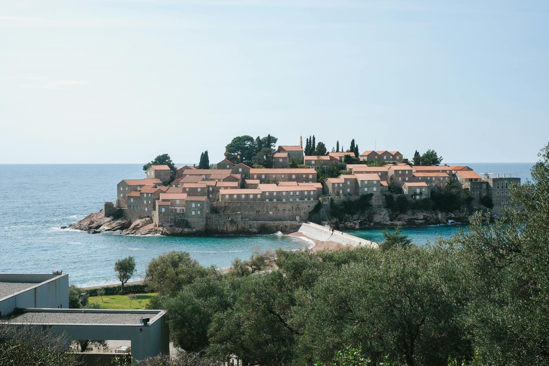 A beautiful view of the historic Sveti Stefan island situated in the Adriatic Sea, Montenegro.