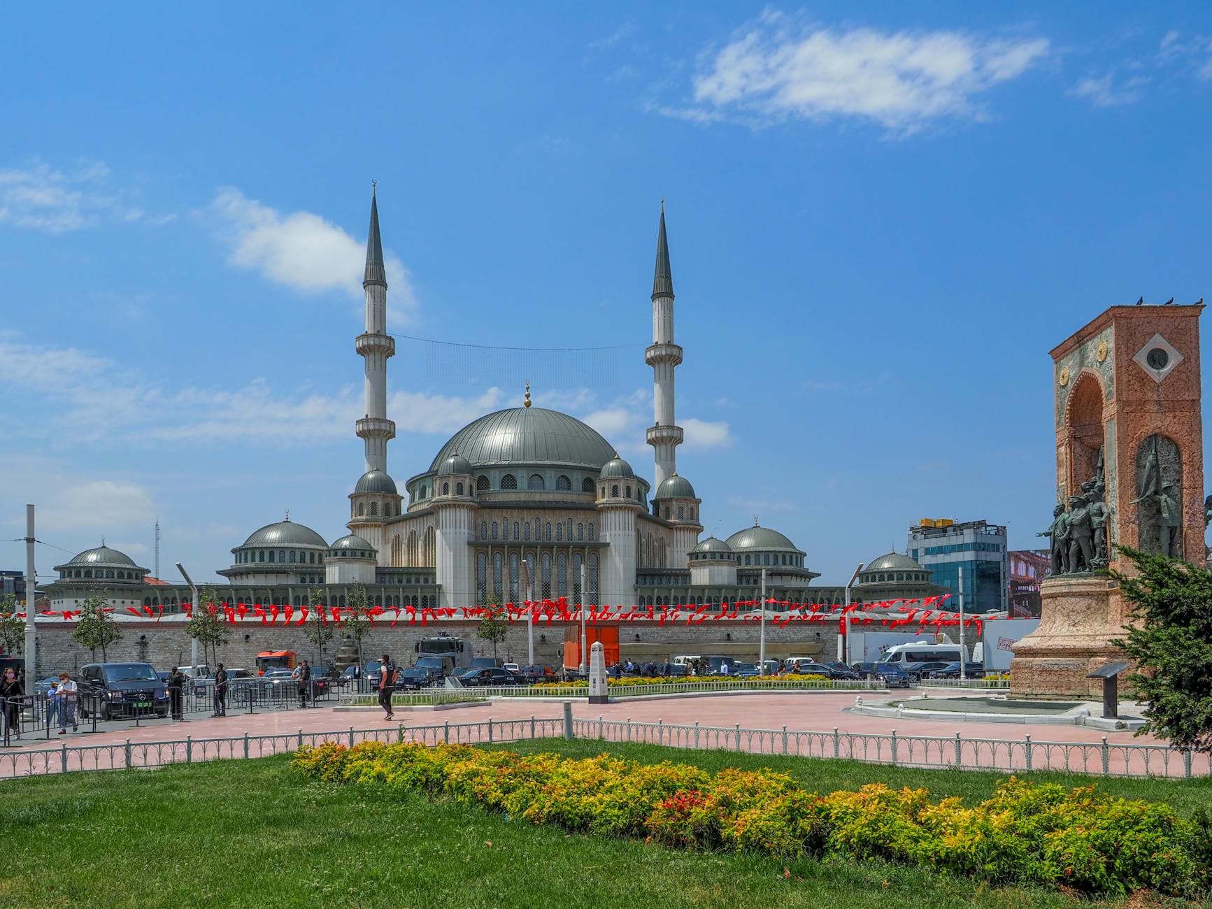 View of Taksim Mosque and Republic Monument with clear sky in Istanbul, Turkey.