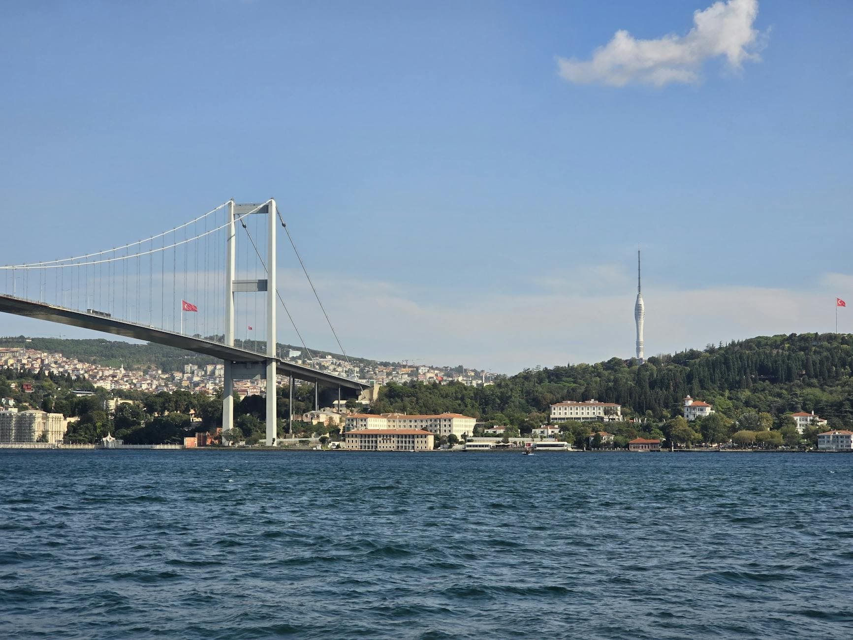 Iconic Bosphorus Bridge spans Istanbul's skyline on a clear summer day.