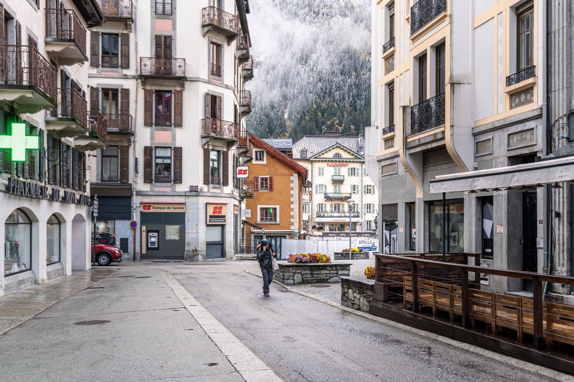 Explore the picturesque winter streets of Chamonix, France, with stunning alpine views.