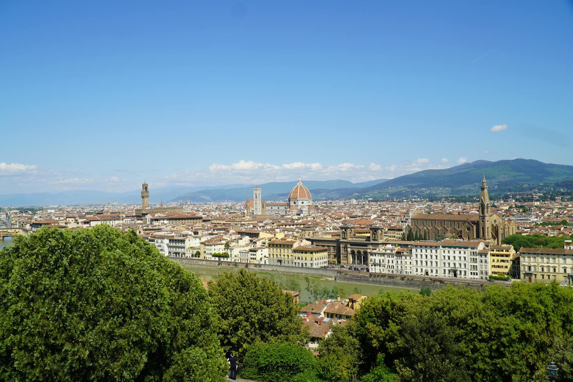 Elevated view of Florence, Italy, featuring the iconic Duomo and historic buildings against a clear blue sky.