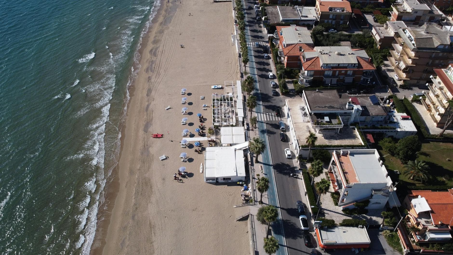 Aerial photograph of the beach and urban area in Latina, Lazio, Italy.