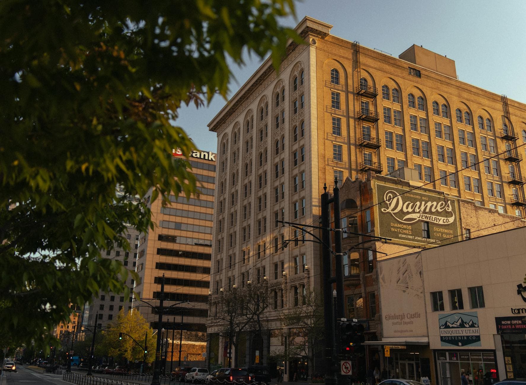 Scenic view of historic architecture and city streets in Salt Lake City during sunset.