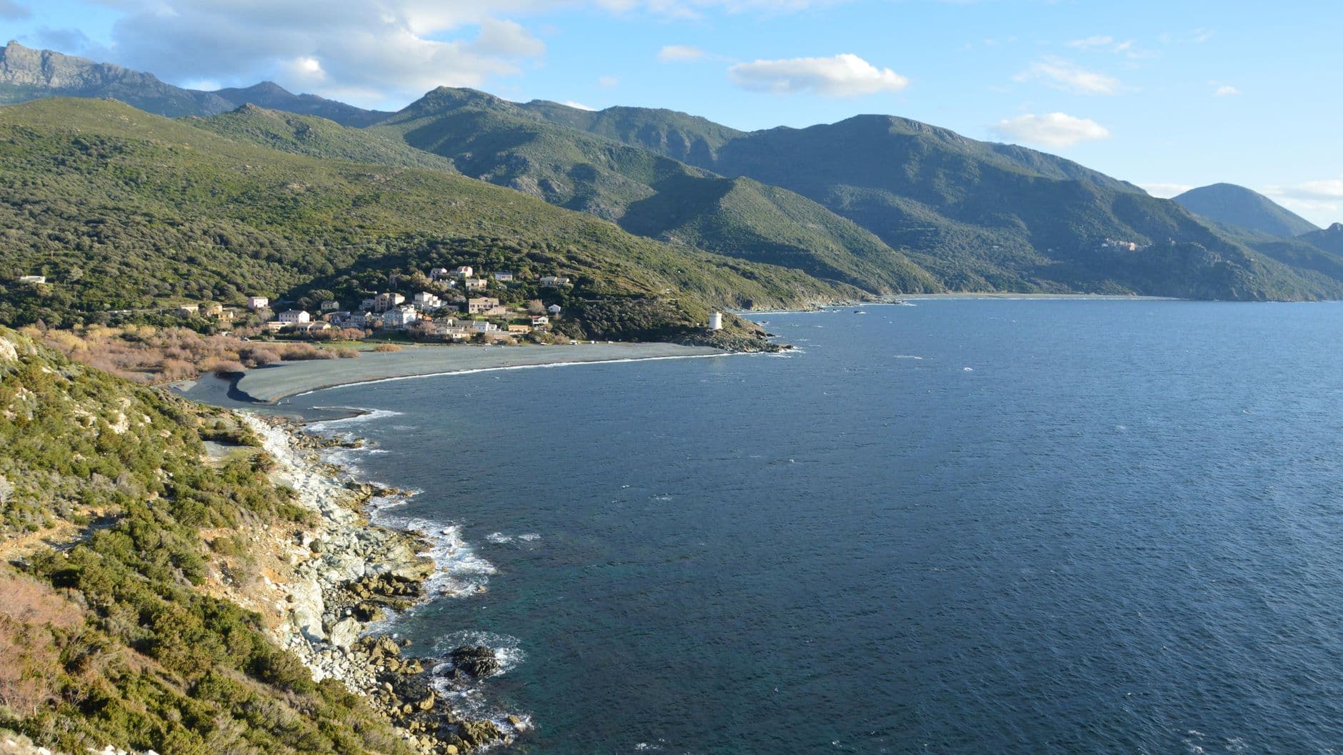 Aerial view of the picturesque coastline and hills of Ogliastro, Corse, France.