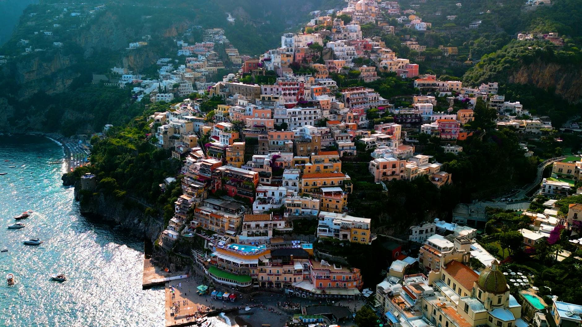 Stunning aerial view of Positano with its colorful hillside buildings along the Amalfi Coast in Italy.