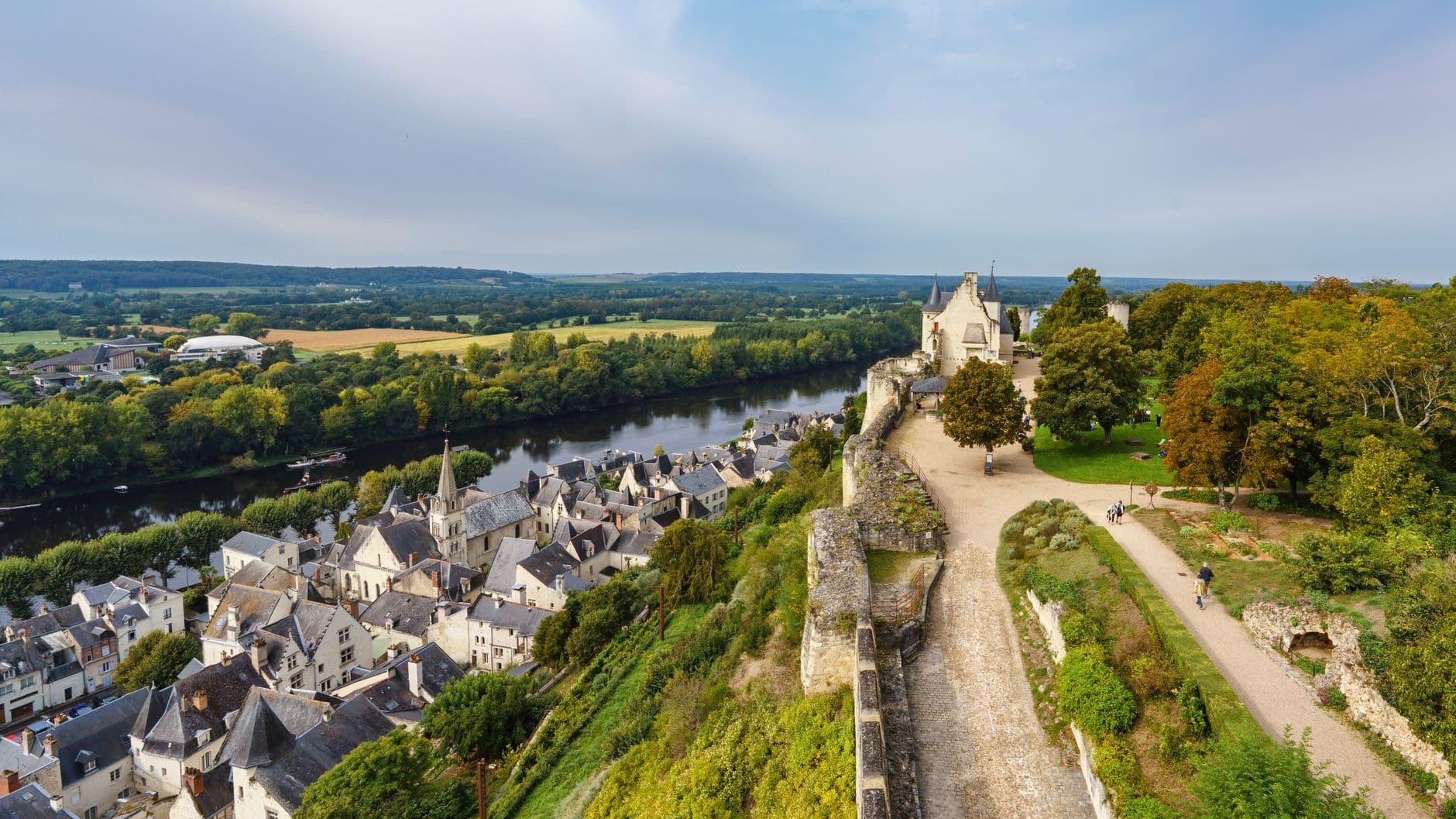 Scenic view of the historic town of Chinon and the Vienne River in France.