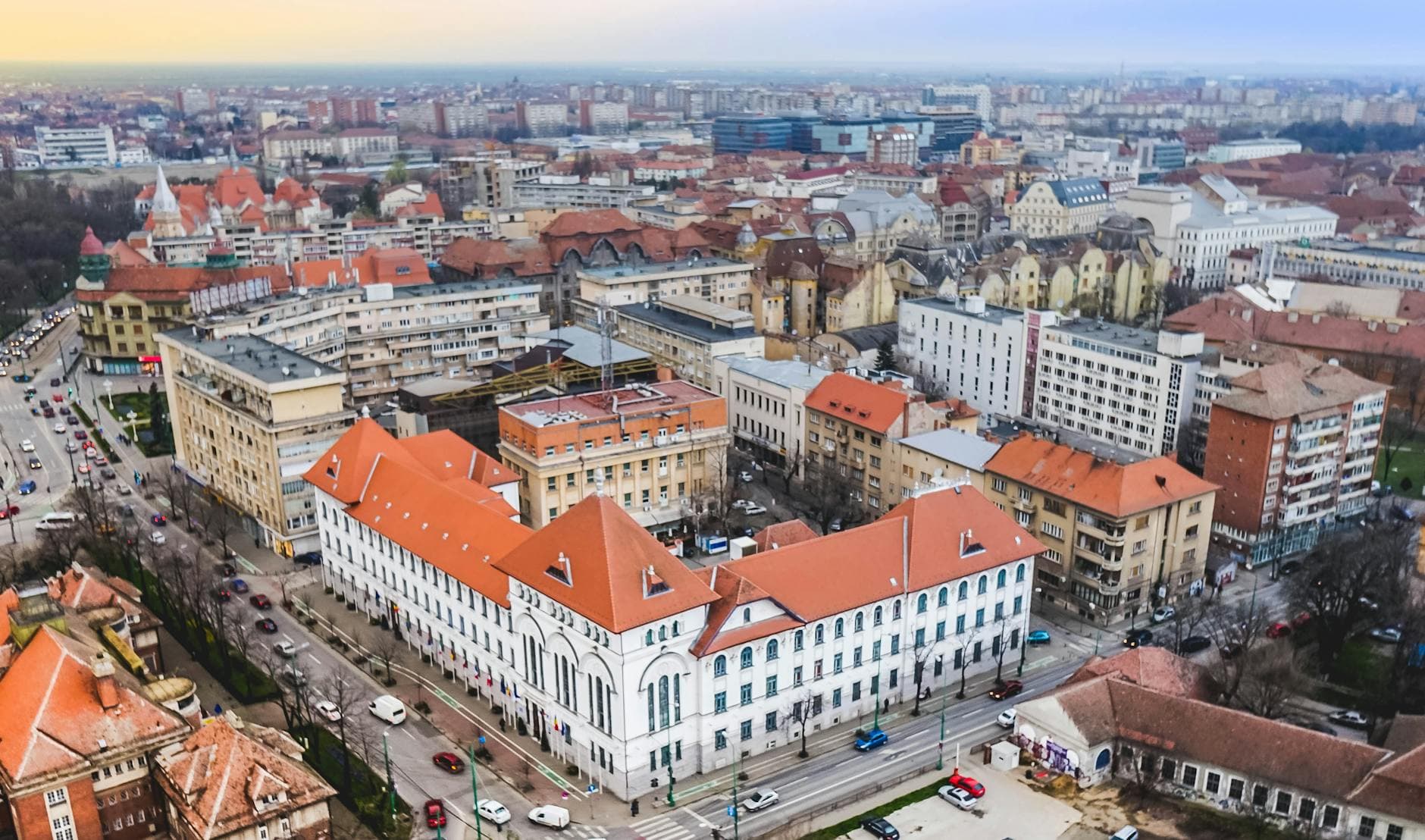 A stunning aerial view of Timișoara, highlighting historic buildings and urban landscape.