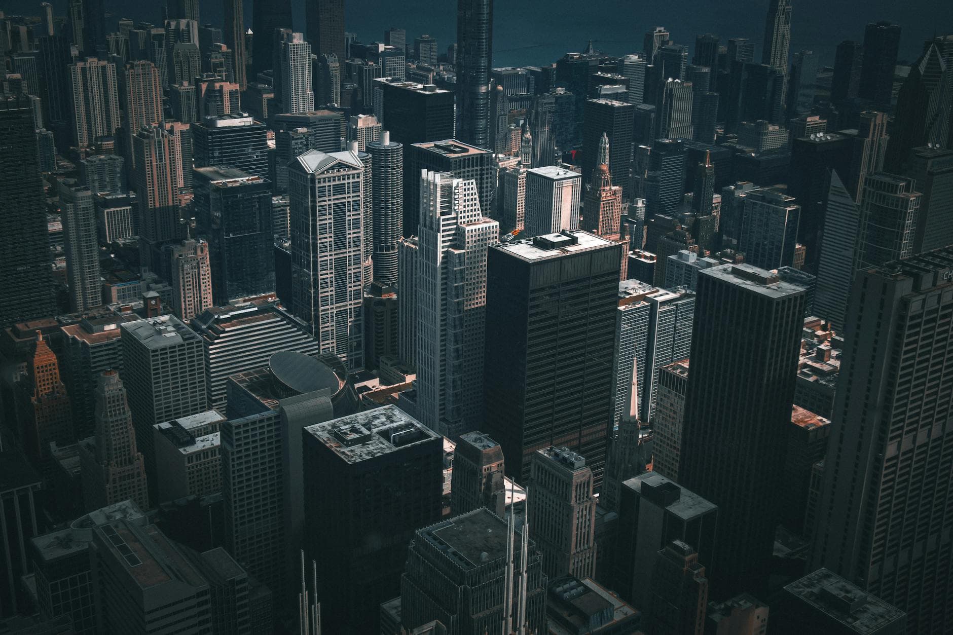 Stunning aerial view of Chicago's downtown skyscrapers highlighting urban architecture.