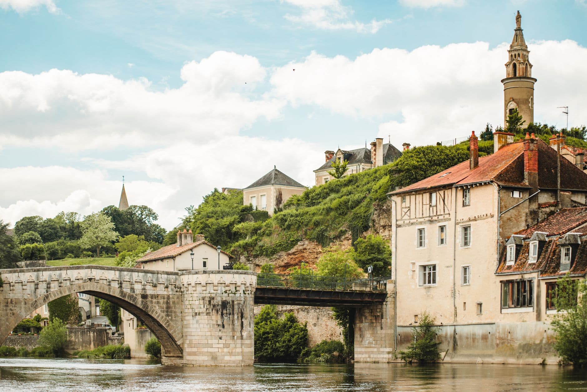 Charming architectural scenery of Montmorillon with classic stone bridge and historic buildings.