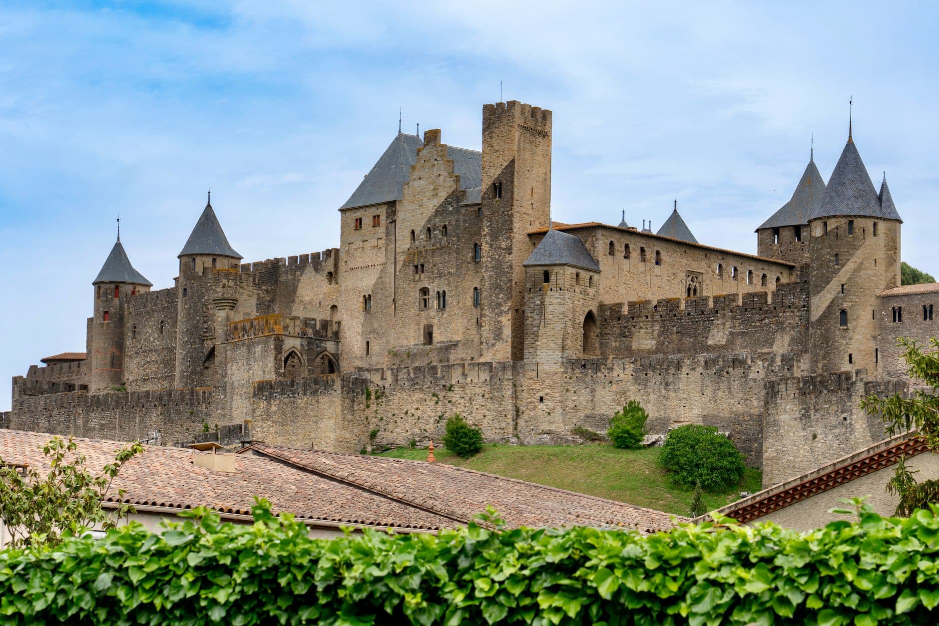 Impressive view of Carcassonne Castle in France surrounded by lush greenery.