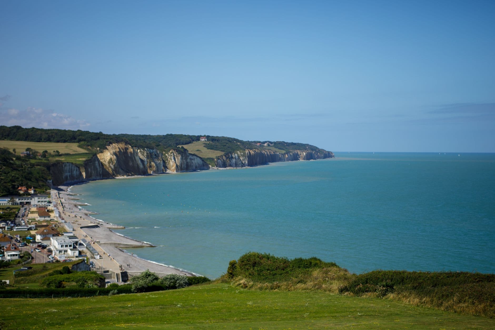 Beautiful coastal landscape of cliffs and a beach in Hautot-sur-Mer, Normandie, France.