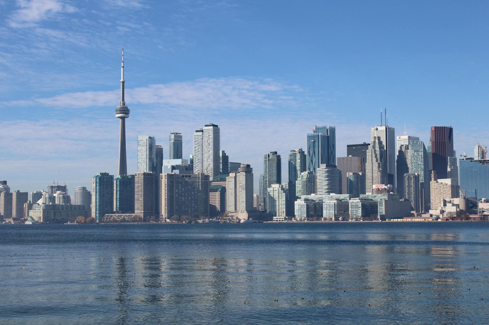 Beautiful skyline of Toronto featuring CN Tower and waterfront, captured on a sunny day.
