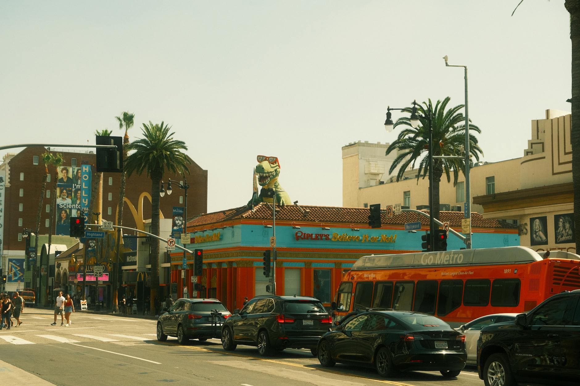 Vibrant street view of Hollywood Boulevard in Los Angeles with iconic landmarks and city life.