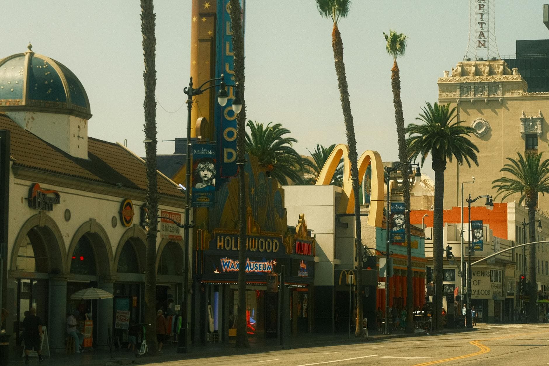 Scenic view of Hollywood Boulevard with iconic attractions in Los Angeles, California.