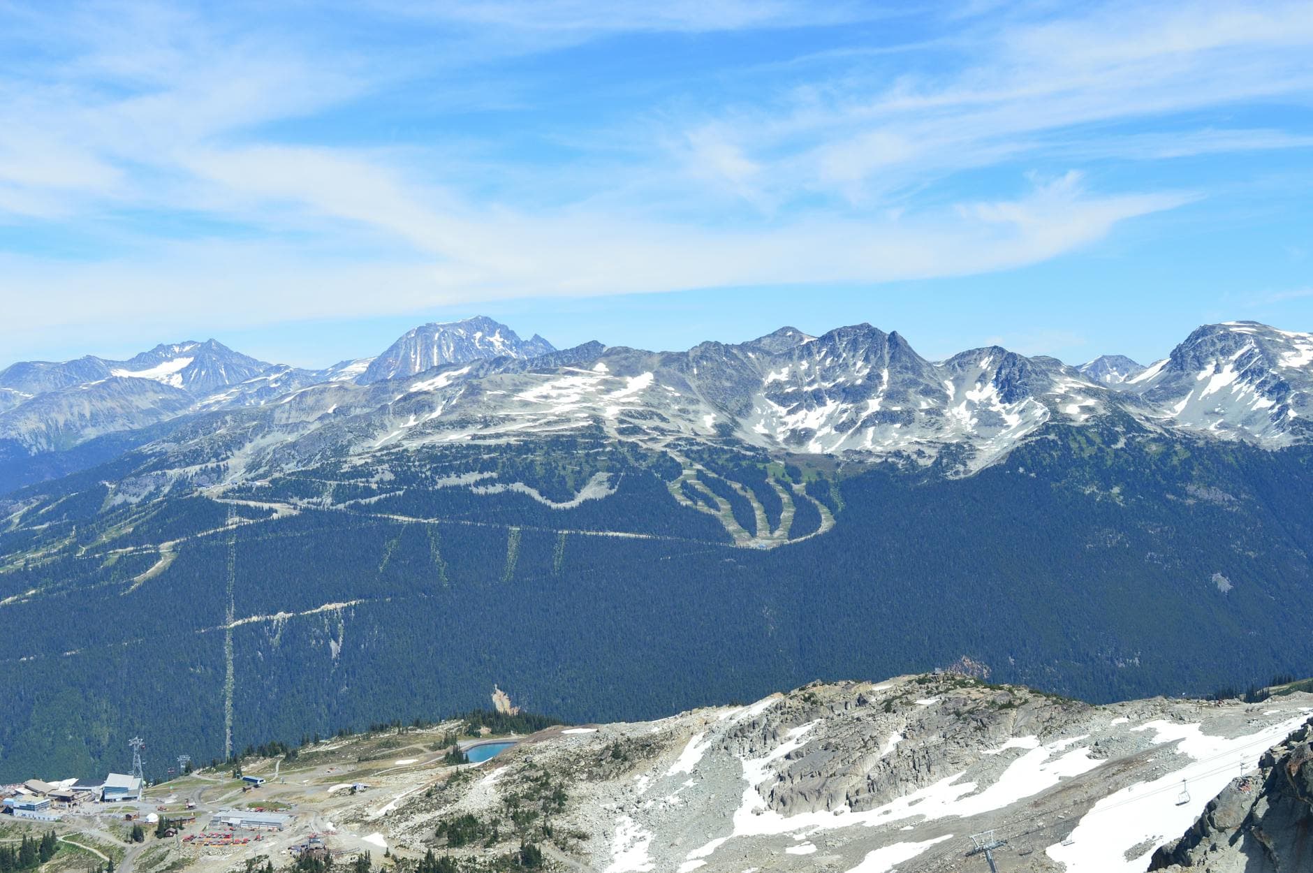 Beautiful view of Whistler mountain ranges with snow in British Columbia, Canada.