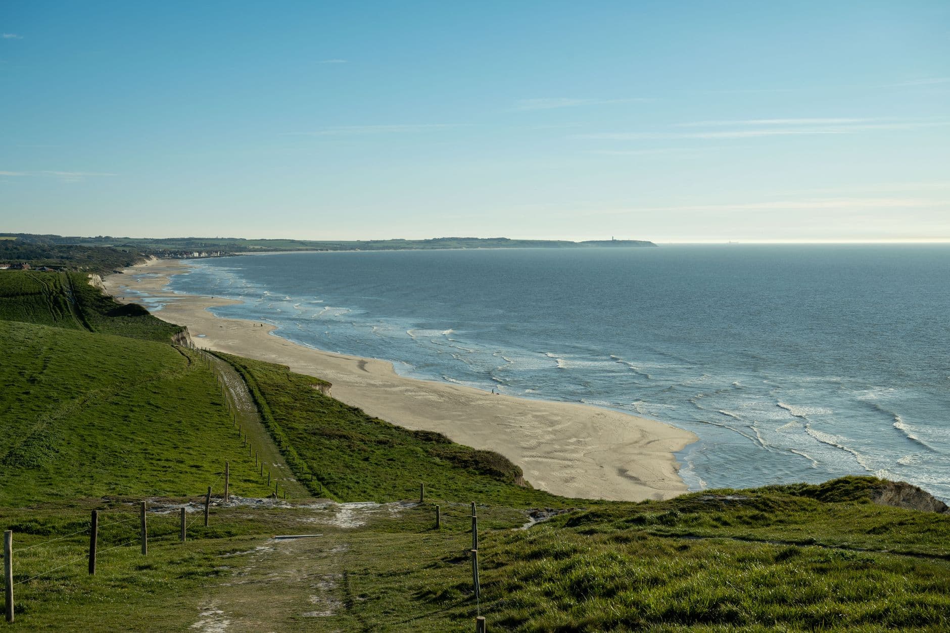 Breathtaking view of the beach and coastline at Escalles, France on a sunny day.