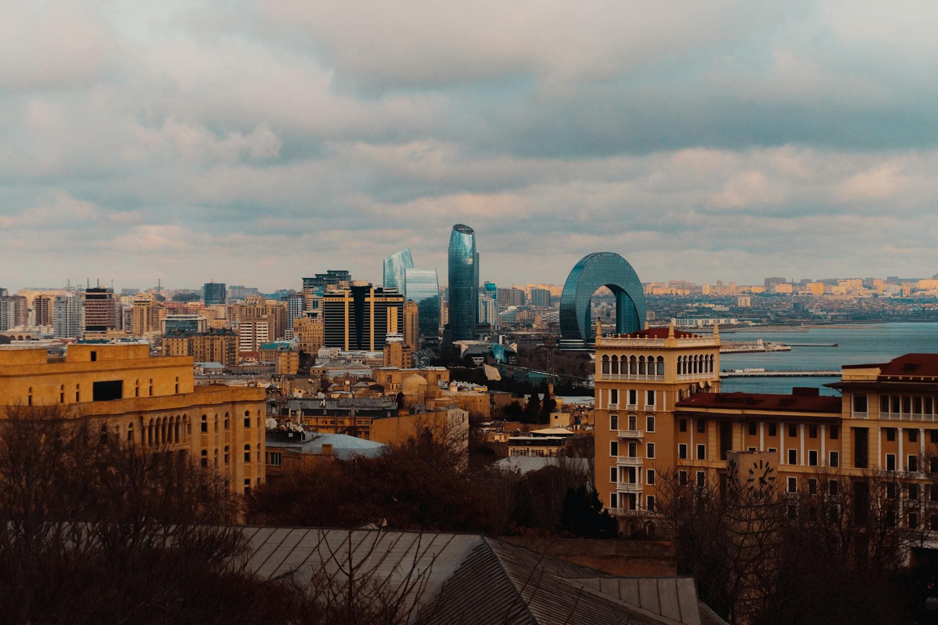 Stunning view of Baku showing modern and historic architecture along the coastline.