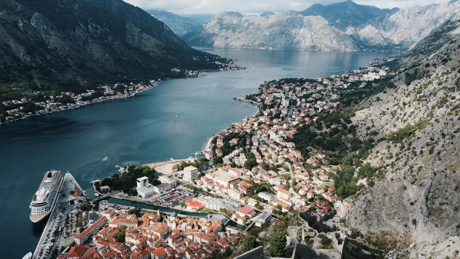 Stunning aerial view of Kotor Bay and historic Old Town surrounded by mountains in Montenegro.