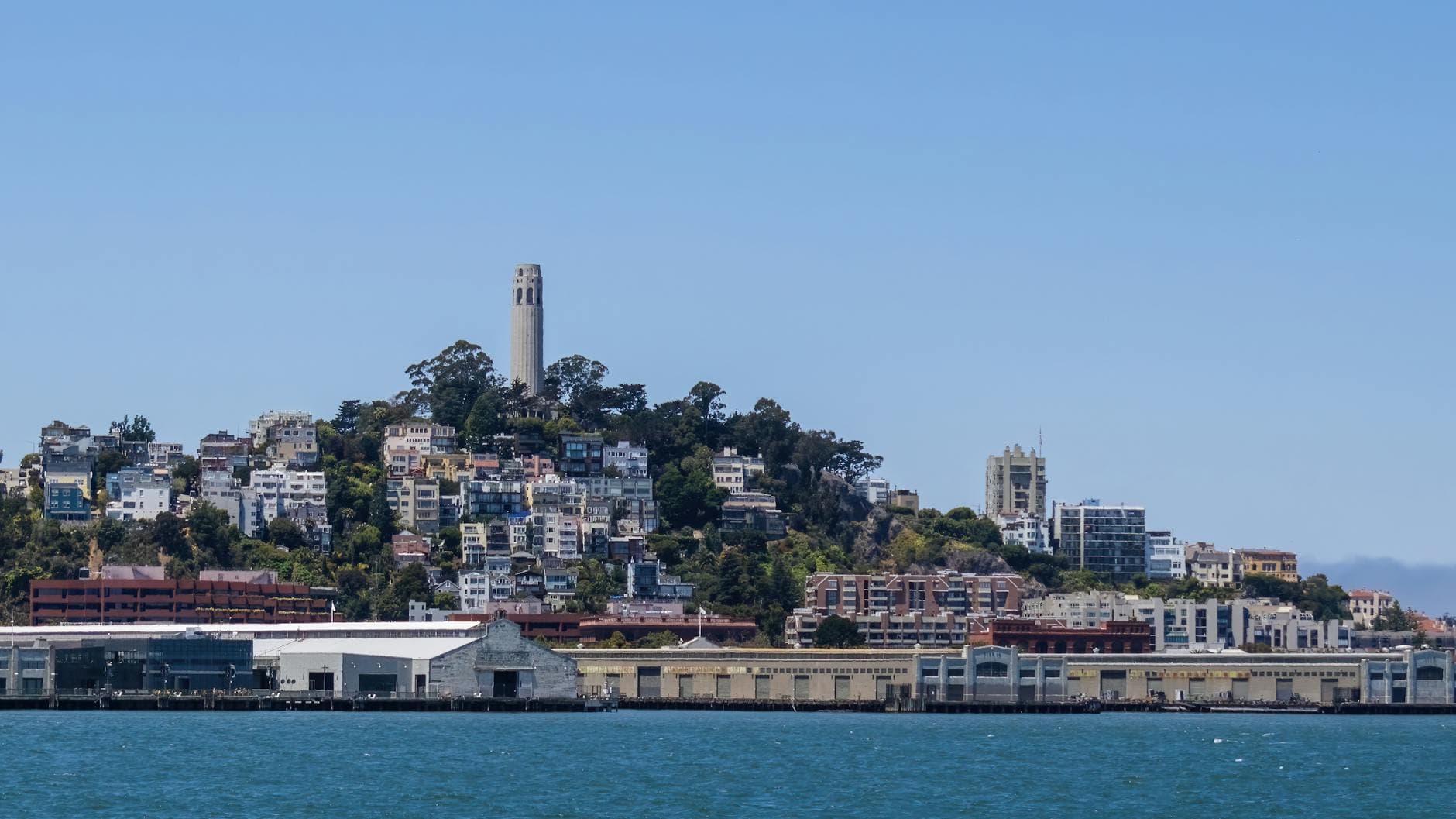 A scenic view of San Francisco featuring Coit Tower on Telegraph Hill and the waterfront area.