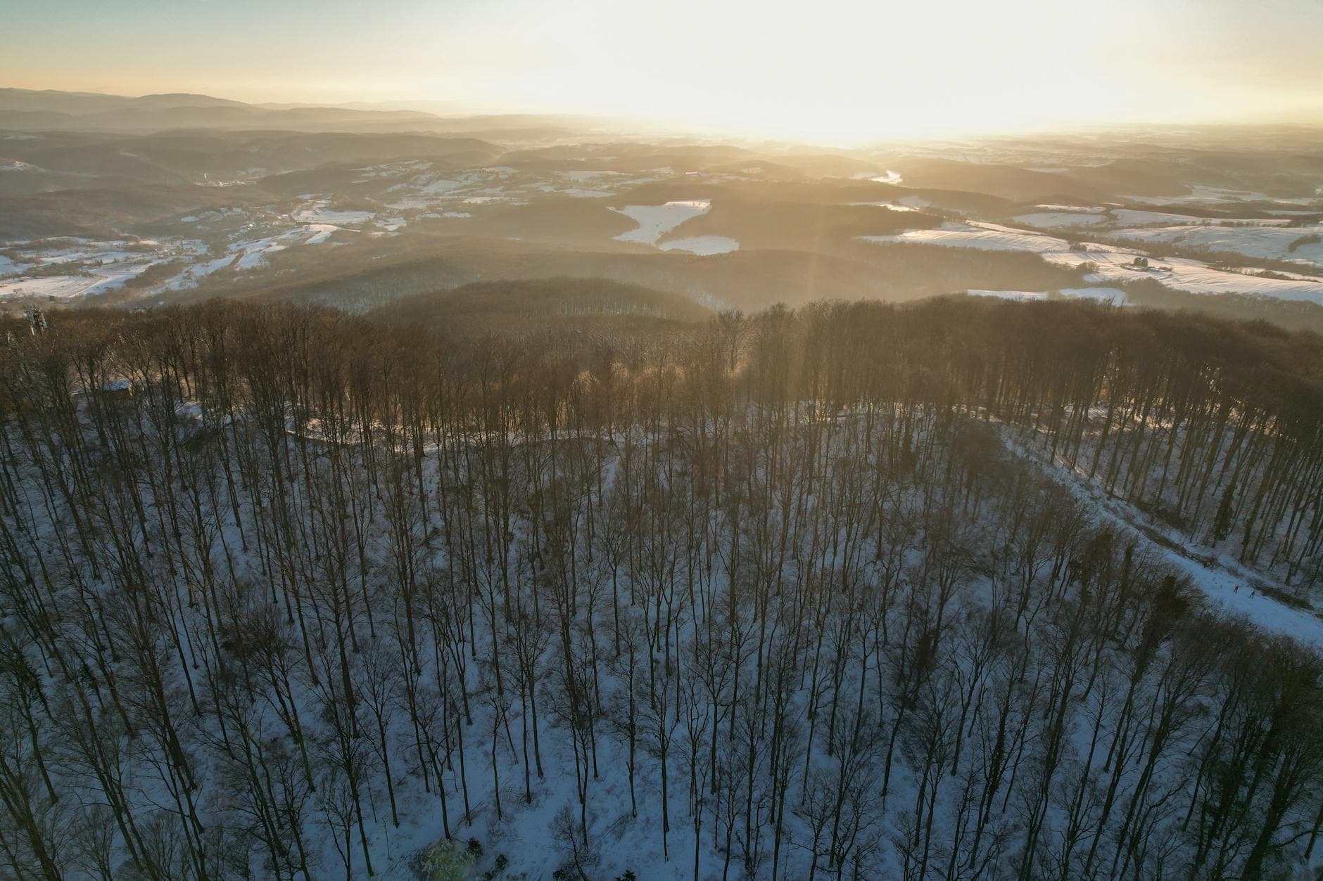 Drone view of snow-covered forest and landscape in Daruvar, Croatia at sunrise.