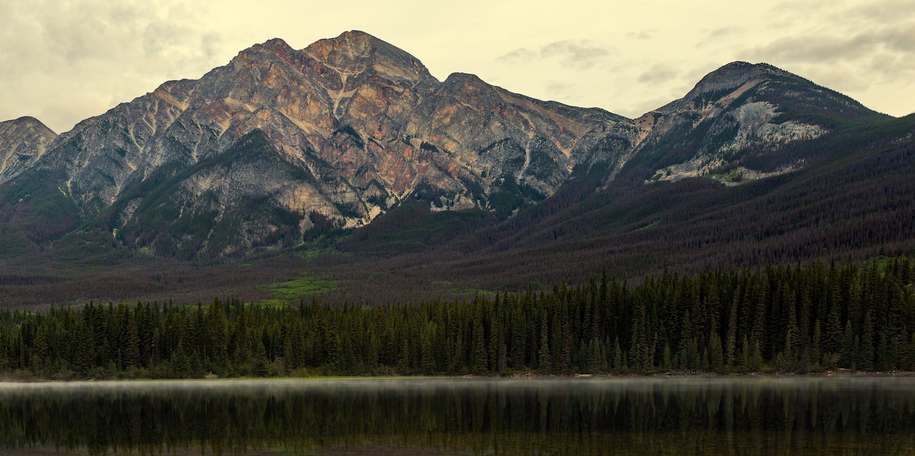 Scenic view of Pyramid Mountain overlooking Pyramid Lake in Jasper National Park, Alberta, Canada.