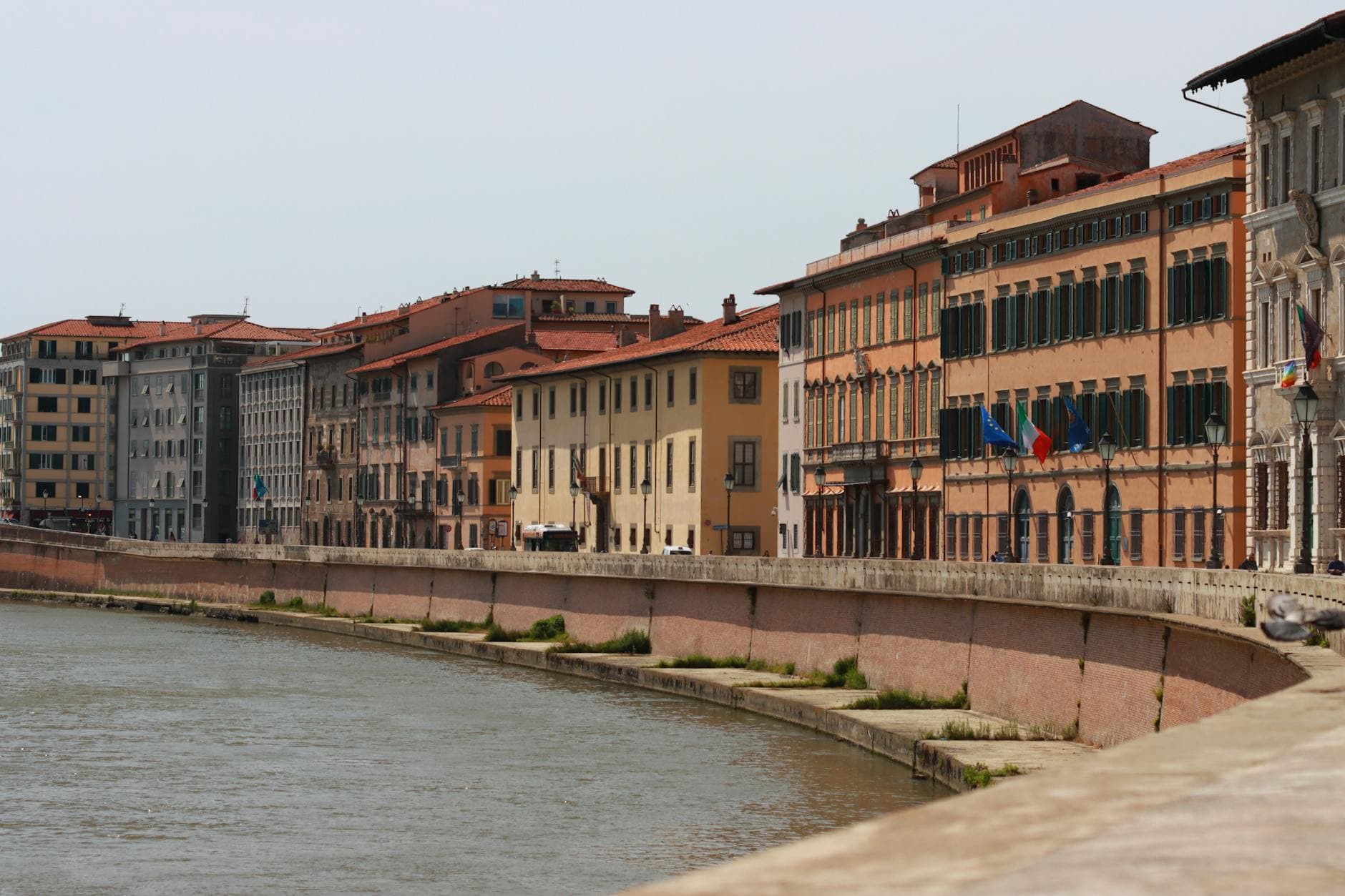 Scenic view of historic buildings by the Arno River in Pisa on a sunny summer day.