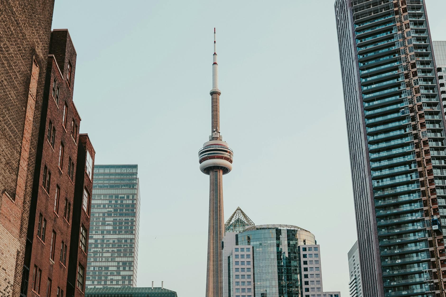 Urban skyline view of Toronto, highlighting the iconic CN Tower amid tall buildings.