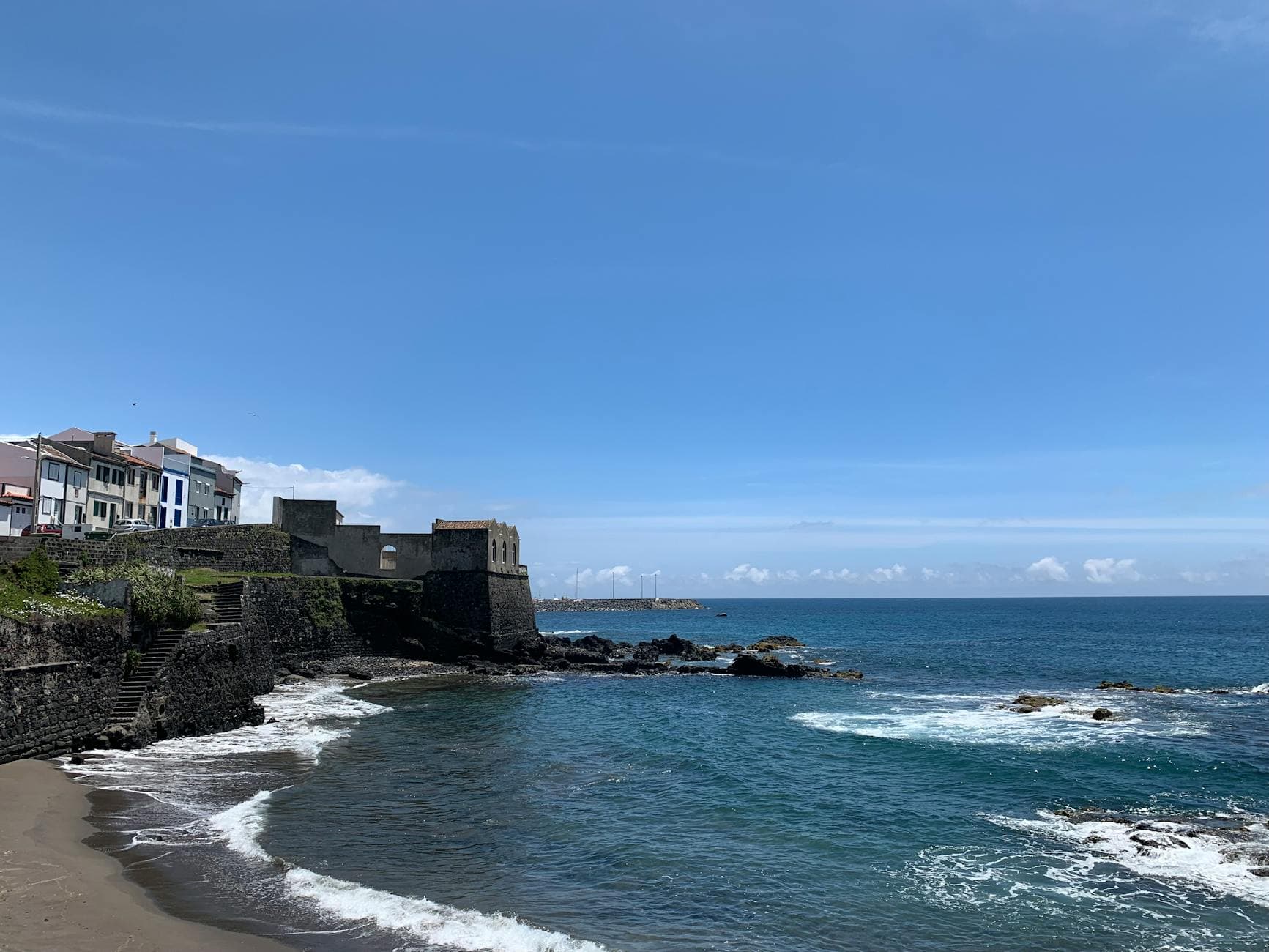 Stunning coastal view of historical fortress and ocean in Vila Franca do Campo, Azores, Portugal.